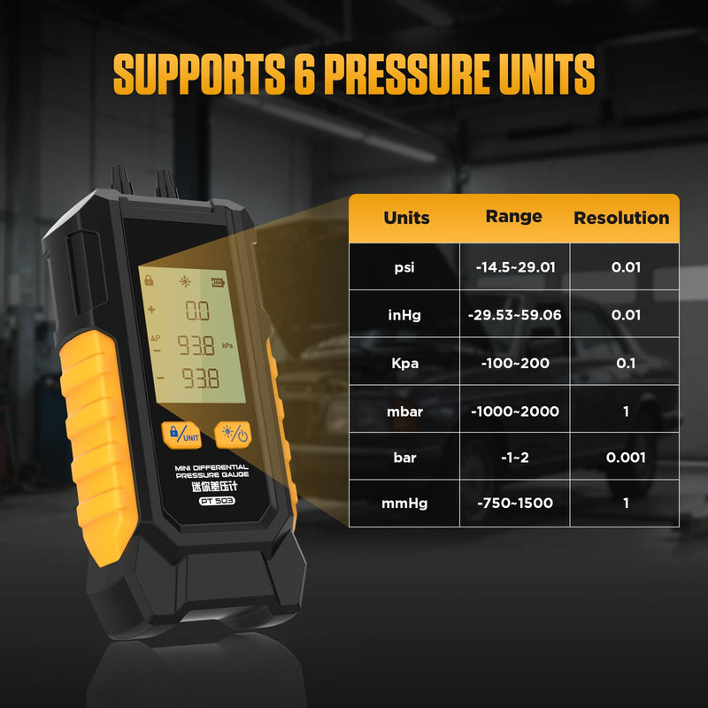 PT503 Manometer Gas Pressure Tester,Dual-Port HVAC Digital Manometer with Range of -100 to 200 KPa, 6 Units, Data Retention, 7Adapters PT503