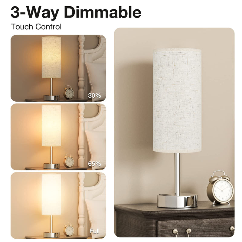 Touch Table Lamp for Bedroom Nightstand - Bedside Lamp with USB-C USB-A Charging Ports White, 3 Way Dimmable Small Lamp Fabric Shade Silver Base for Bedroom, Dorm Room, Office, Living Room, Reading 14in Cream