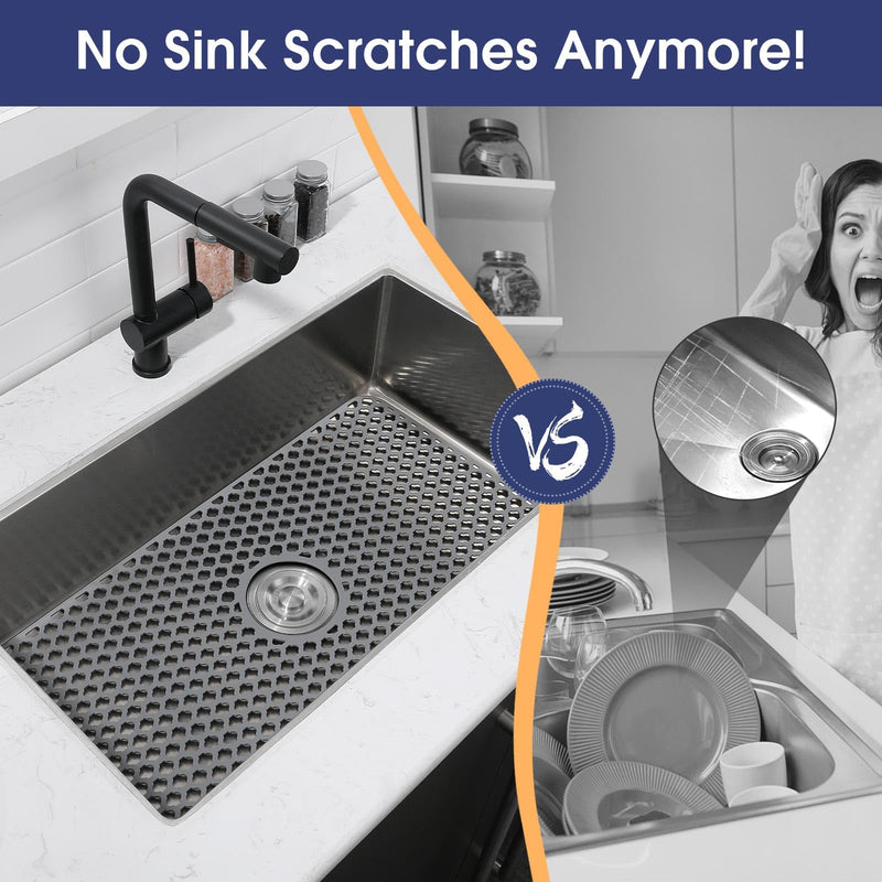Silicone Sink Protector 28"x15" Center Drain Hole, Heat Resistant Non-slip Dishwasher Suitable, Large Sink Mat for Bottom of Farmhouse Kitchen Stainless Steel Sink 28x15 center
