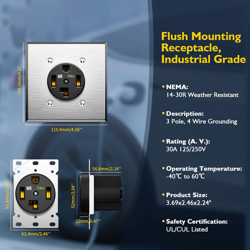 30 Amp EV Charging Straight Blade Device Receptacle/Outlet, Weather-Resistant NEMA 14-30R with Wall Plate, Industrial Grade, 3-Pole 4-Wire Grounding, 30A 125/250V, ETL Listed,Black Wall Plate Included