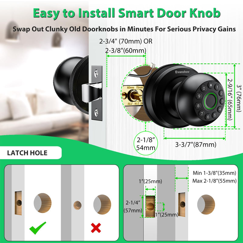 Smart Door Knob Fingerprint Lock 4-in-1 Keyless Entry (Fingerprint/App/Code/Key) Biometric Door with Auto-Lock Easy Install for Home/Bedroom/Office