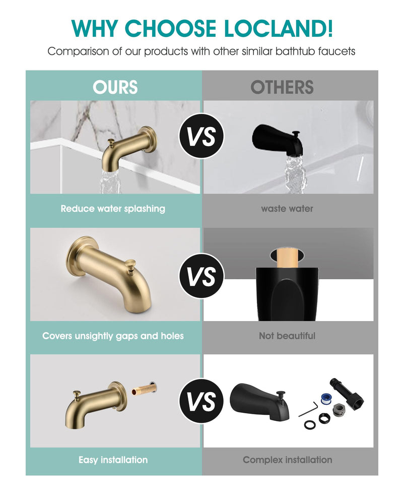 Slip-On Extra Long Tub Spout with Diverter, 1/2 Inch Slip Fit Connection,Brushed Gold Brushed Gold