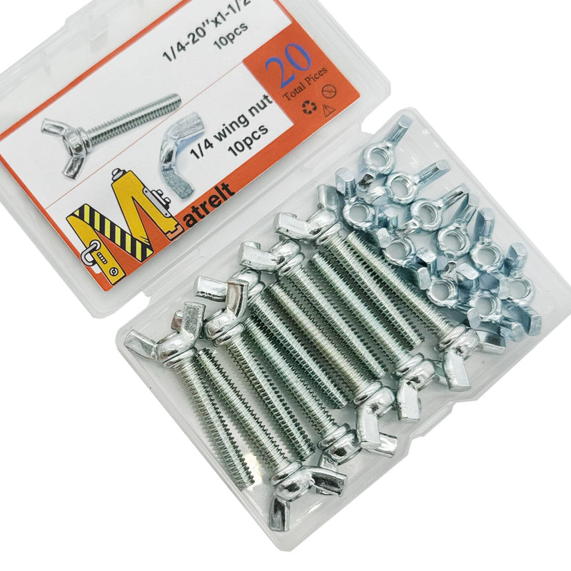20 Sets 1/4"-20 x1-1/2 Wing Screw Bolts and Wing Nut Kit Butterfly Screws and Nut with Hand Twist Tighten Wing Head Zinc Plated Hardware Fitting Fastenings Assortment Kit Silver 10 Sets 1/4"-20 x1-1/2" WingScrews&WingNuts
