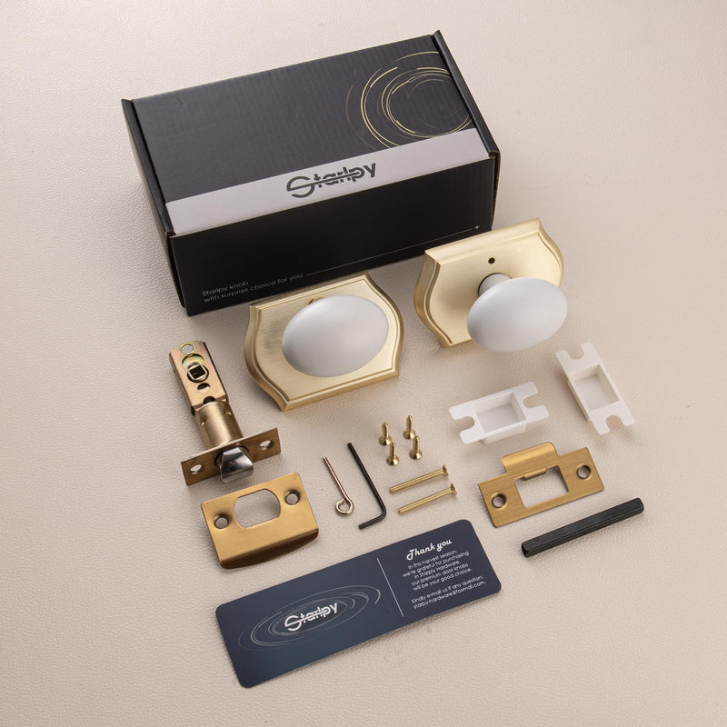 Gold Oval Door Knobs Interior with Lock for Privacy | Zinc Camelot Trim, Egg Knob Style for Bath & Bedroom 1 Gold & White