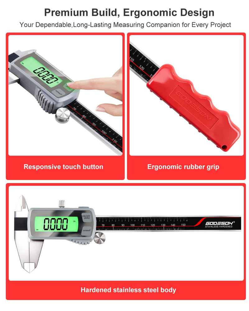 GODESON 6" Digital Caliper, USB-C Rechargeable Electronic Caliper, 0–150mm Stainless Steel, 0.02mm Accuracy, Backlit LCD, TouchButton,Inch/MM/Fraction, Measuring Tool for Woodworking, DIY