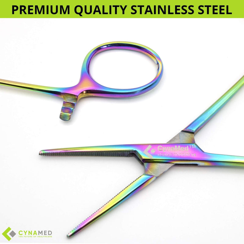 Cynamed Set of 2 Artzone Multi Color Hemostat Forceps with Serrated Jaws, Stainless Steel Rainbow Pliers - 5 inch Small Forceps - 5 in.