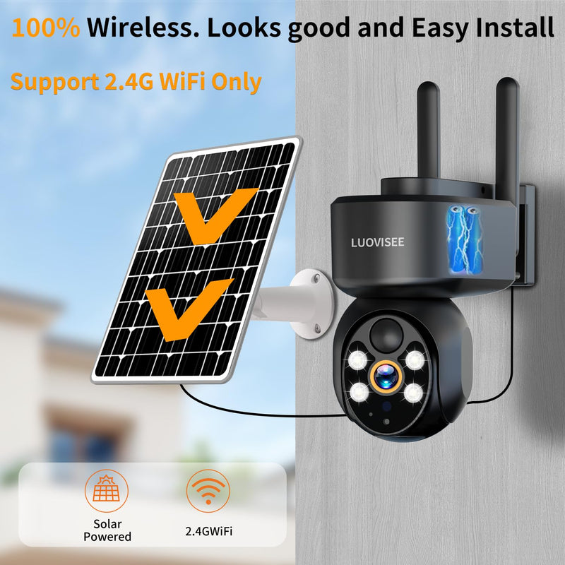 2K Solar Security Camera Wireless Outdoor,WiFi Cameras for Home Security Battery-Powered,Compatible with Alexa,360°PTZ Full Color Night Vision,PLR Alarm,2-Way Audio,Cloud/SD Storage 1PACK