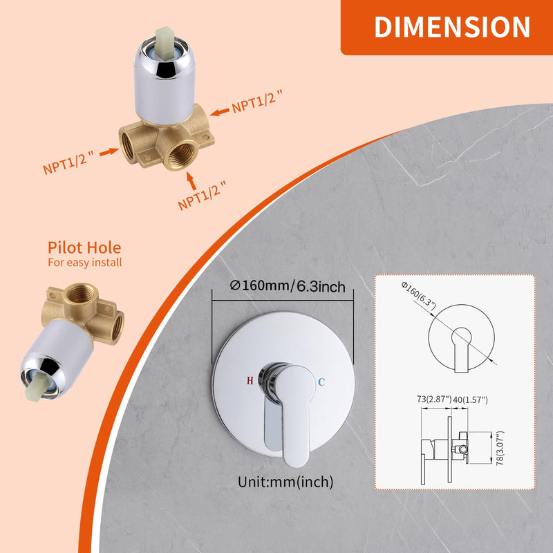 Shower Valve Handle Trim Kit Rough-in Control Valve, Chrome Wall Mount Rough-in Single Function 1 Way Valve, NPT1/2 Female Thread, Bathroom Fixture, Single Handle Shower Valve Trim Kit