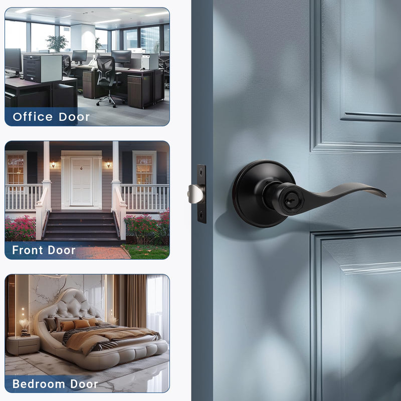 Knobonly 2 Pack Keyed Bathroom/Bedroom Door Lock, Matte Black Front Door Handle, Exterior Door Handle, Different Key for Each Pack, Zinc Alloy Entry