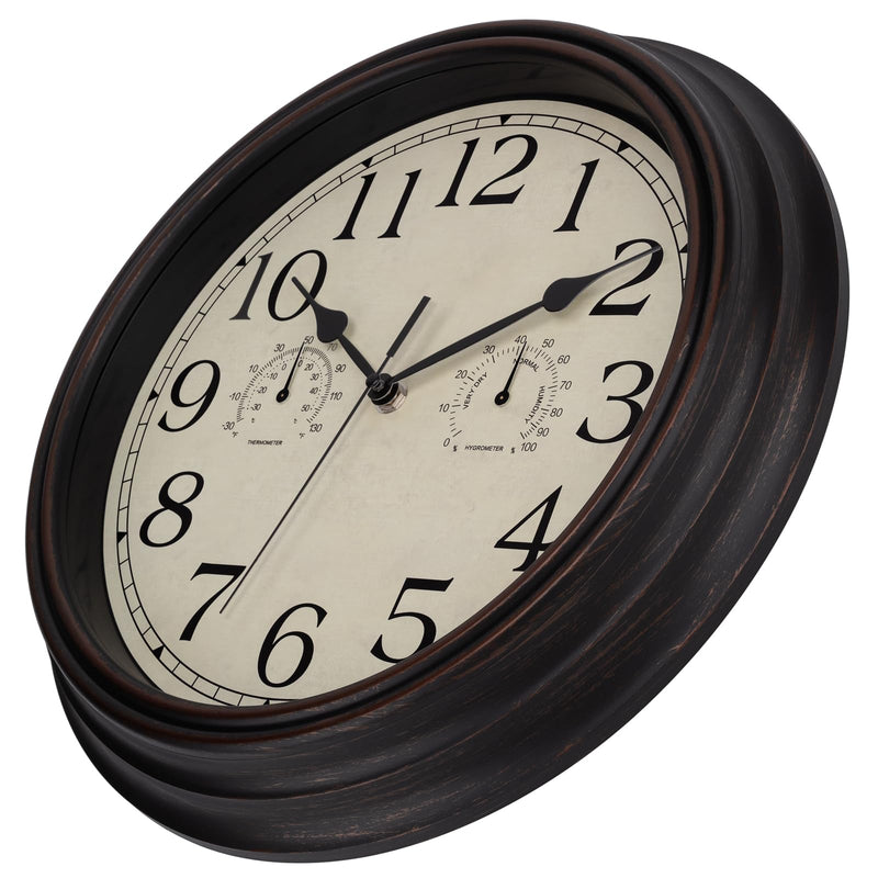 Foxtop Indoor Outdoor Waterproof Wall Clock with Thermometer and Hygrometer Combo, 14 Inch Retro Silent Non-Ticking Battery Operated Quartz Round Outdoor Clocks for Patio Home Office (Bronze) 14"bronze