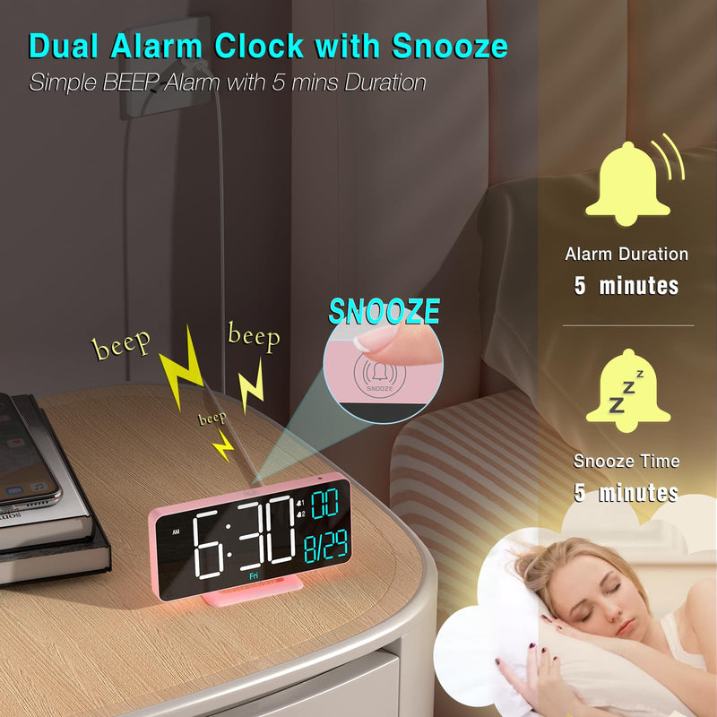 KOSUMOSU Clock for Bedroom, 6.7in Digital Alarm Clock, Auto Dimming, Room Temperature, Day of The Week, Seconds, Date, Alarm Clocks for Bedrooms, Digital Clocks for Living Room Pink (White + Blue Digits)