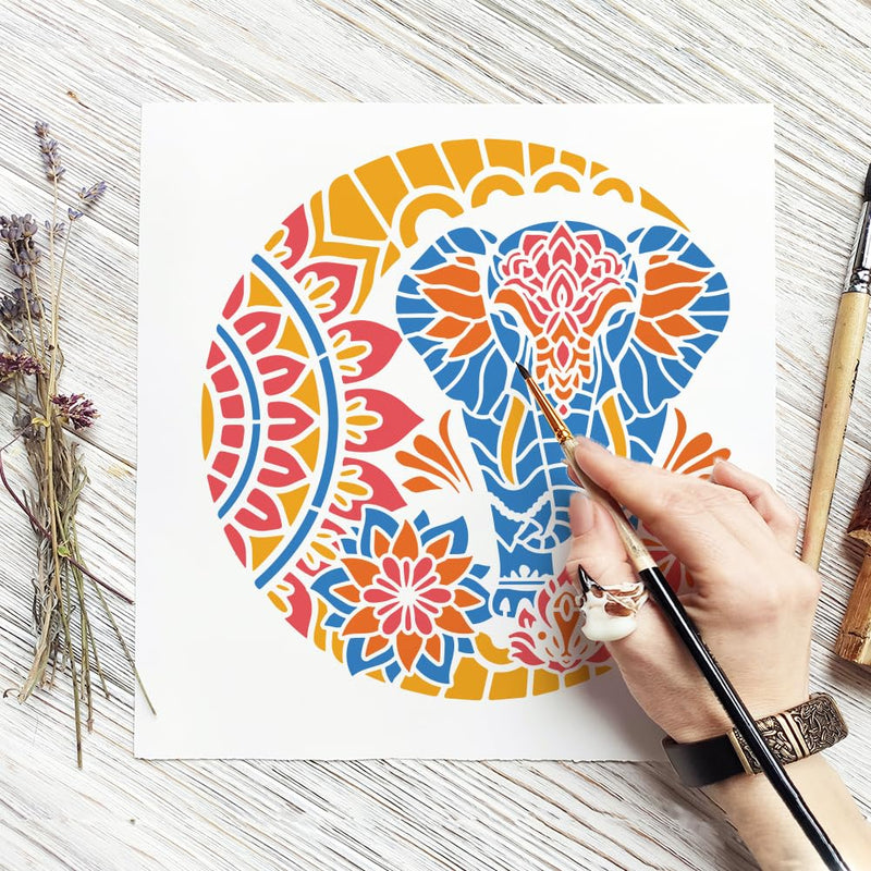 FINGERINSPIRE Moon Mandala Elephant Stencil 11.8x11.8inch Mandala Elephant Painting Stencil Moon Lotus Pattern Stencil Flower Moon Large Stencil Fantasy Theme Decor Template for Wall Tiles Floor