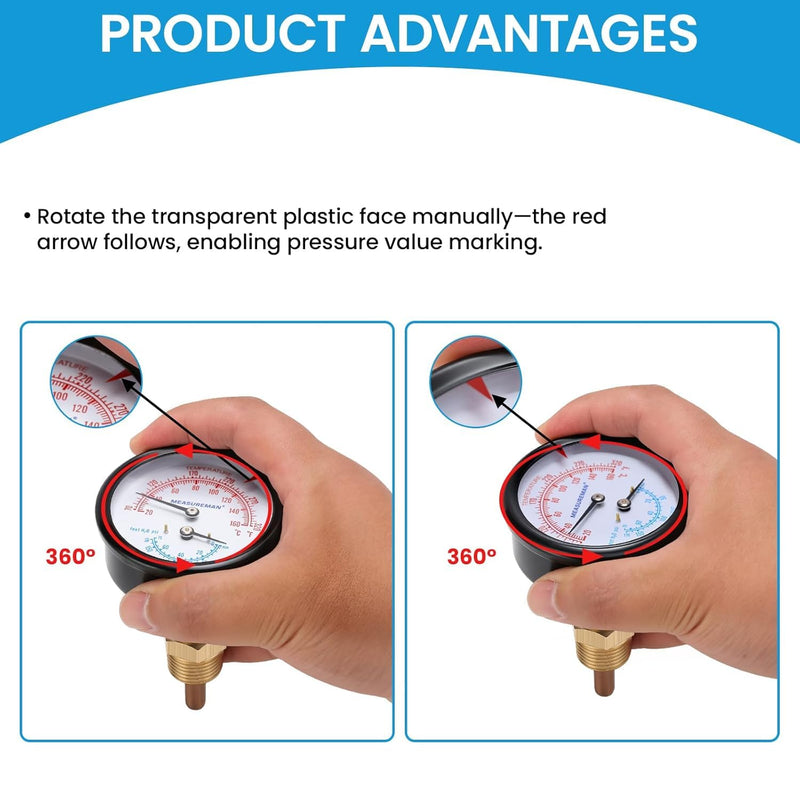 MEASUREMAN Commercial Tridicator Boiler Gauge Kit, 2.5" Dial, 0-75 PSI (ft H₂O) & 70-320°F, 1/4" NPT Back Mount with 1/2" NPT Adapter and O-Ring（2.95'' Stem） 0-75 PSI 70-320°F 2.95'' Stem,with 1/2" NPT Adapter