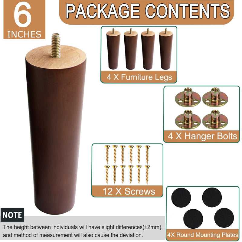 6 Inches Round Solid Wood Furniture Legs Set of 4, Brown Wooden Replacement Feet with Threaded 5/16'' Hanger Bolts for Sofa, Couch, Armchair, Cabinet, TV Stand, Ottoman and Dresser Round 6 inch (Brown)