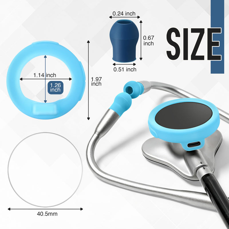 All in One Protection Kit Compatible with EKO Core 500, 3 Pcs 2.5D Tempered Glass Screen Protector 3 Digital Stethoscope Chestpiece Cover & 12 Silicon Ear Tip(Gradient Blue) Gradient Blue