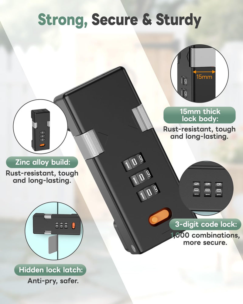 180 Degree Barn Door Combination Lock, 3 Digit Password Keyless Home Security Lock for Kitchen Cabinet, Drawer, Locker, Sliding Closet Doors - Sturdy and Practical Gate Latch (1, Black) 1