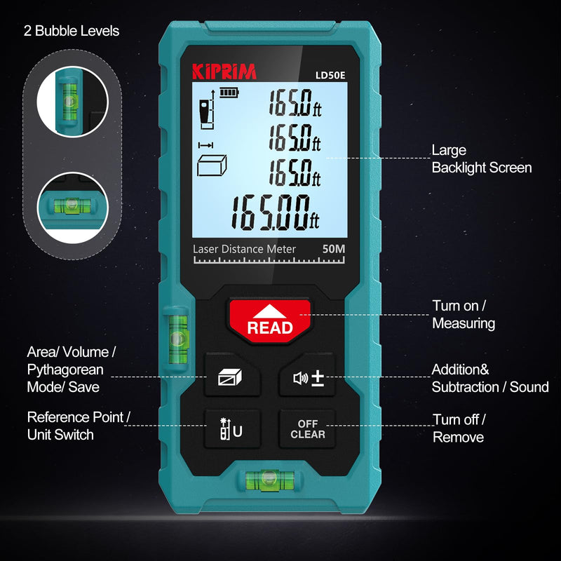 Kiprim Laser Distance Measure High Accuracy 165ft Kiprim LD50E Laser Tape Measure 50M Compact Laser Measurement Tool with Larger Backlit LCD Display,ft/m/in Switching,Bubble Level 165ft(LD50E)