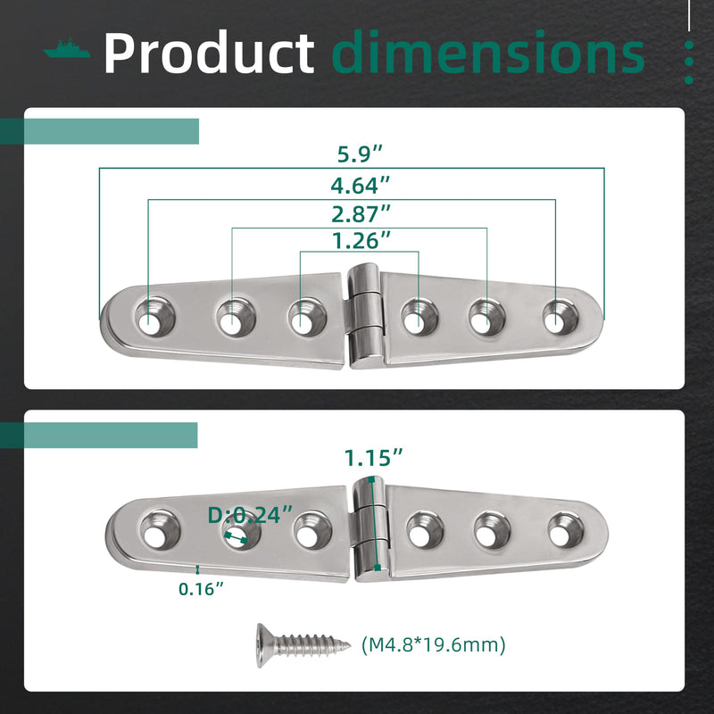 6 inch x 1 inch Heavy Duty Boat Door Hinge 316 Stainless Steel Strap Marine Hatch Casting Butt Hinge, for Boat Cabinet Furniture Hardware, 4 Pack
