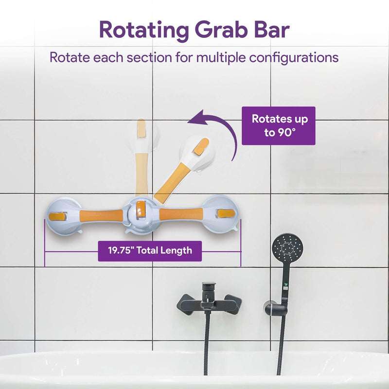 Rotating Suction Grab Bar for Shower and Bathtub - Tool Free Suction Cup Bath & Shower Handles with Color Coded Secure Locking Latches - Bathroom Wall Safety Grab Bars for Seniors and Elderly
