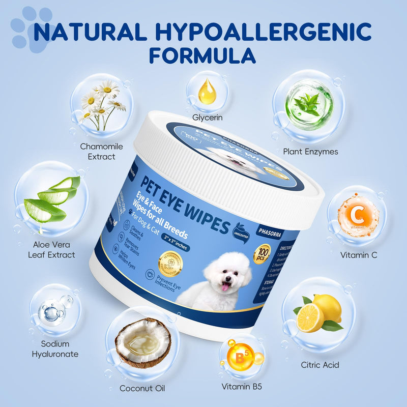 Hypoallergenic Eye Paw Face Wipes, Tear Stain Remover, Dog Eye Infection Treatment, Lick-Safe Soothing & Moisturizing & Gentle, Eye Debris, Discharge, Mucus - 100pcs