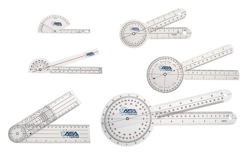 ASA TECHMED Goniometer Complete Set 6 Pieces + Body Measuring Tape - Physical Therapy, Occupational Therapy, Fitness, Medical Protractor Angle Ruler 12/8/6 Inches