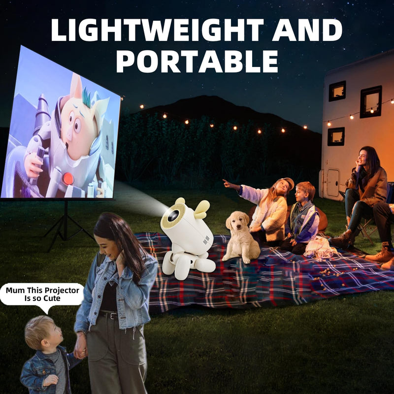 Cartoon Dog Mini Projector with Wifi6 and Bluetooth 5.1 1080P Full HD Portable Projector Movie Projector Compatible with TV Stick Smartphone/HDMI/USB Indoor/Outdoor Use