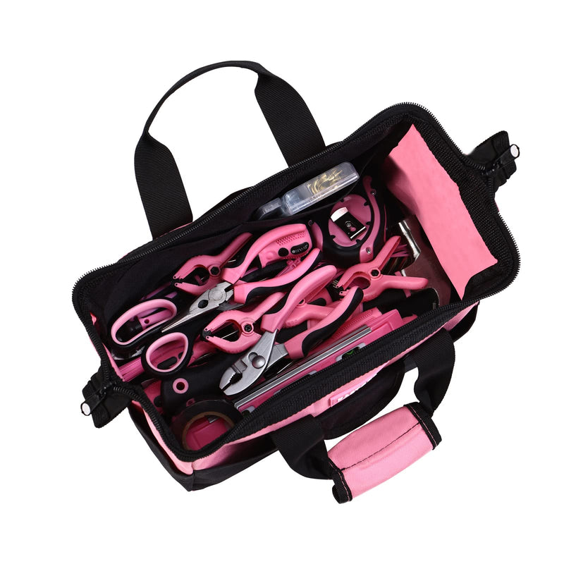 Pink Tool Bag for Women With 13-Inch Wide Mouth Double Zippers,Tool Bag With 8 Pockets Outside and 2 Pockets Inside(PINK) Pink