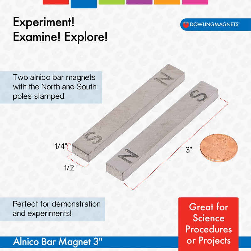 Dowling Magnets 3-Inch Alnico Bar Magnets, Set of Two Magnets (Bar Magnets for Science Classroom) with North and South Poles Clearly Marked/Stamped. Learning Magnets. Item 731011.