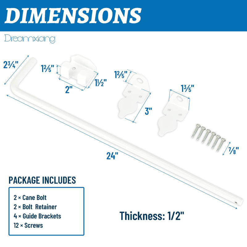 24" Heavy Duty Cane Bolt Gate Drop Rod Hardware Ground Latch for Wood PVC Vinyl Metal Fences Gates, Double Doors, White Solid Steel -2 Pack 2 24 Inch