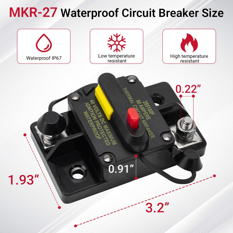 MKR-27 60 Amp Trolling Motor Breaker Compatible with All Minn Kota Motors 12V/24V/36V/48V, with Manual Reset Function and Protective Insulator Cap, for Freshwater Saltwater Marine Use