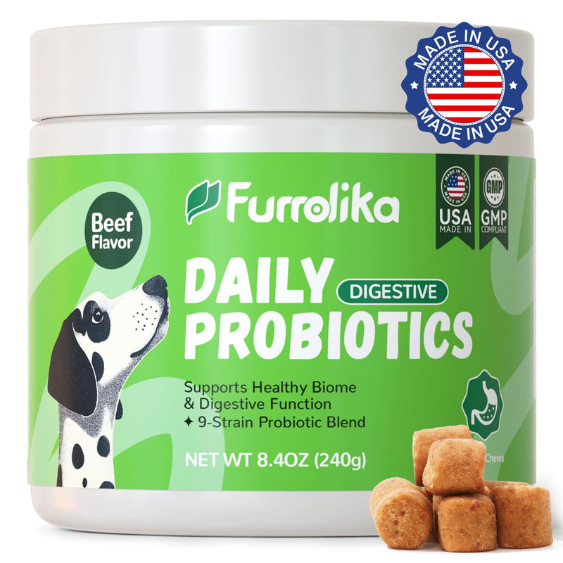 Furrolika 60 Count Probiotics Soft Chews – Made in The USA –Supplements for Gut Health, Digestive Support, Immune Support & Diarrhea Relief – Beef Flavor Dog Probiotic