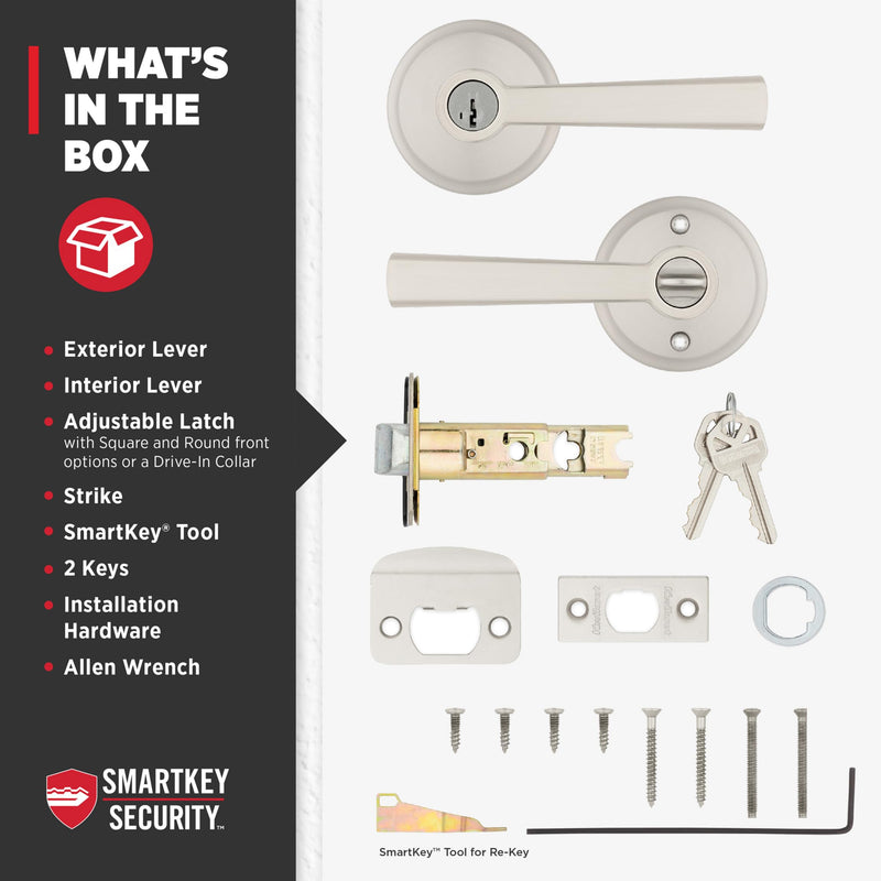 Kwikset Trafford Entry Door Handle with Lock and Key, Secure Keyed Reversible Lever Exterior, for Front Entrance and Bedrooms, Satin Nickel, Pick Resistant Smartkey Rekey Security and Microban Keyed Entry