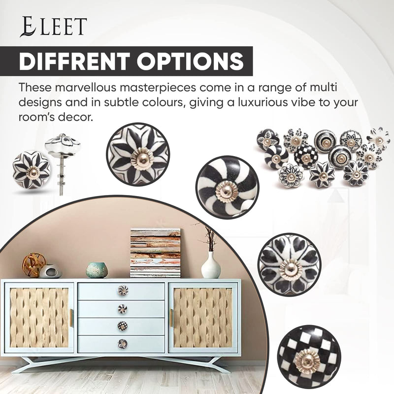 Eleet Designer Ceramic Cabinet Knobs - Pack of 12 Black & White Hand Painted Vintage Cabinet Cupboard Door & Drawer Pulls Chrome Hardware (12, Black &White) Ceramic Knobs Set of 12 - NewNest Australia