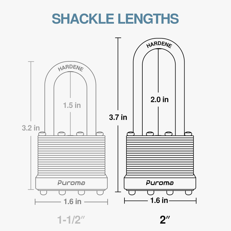 Puroma Lock 1 Pack Padlocks, 2” Long Shackle Heavy-Duty Locks with 2 Keys, 40mm Hardened Steel Keyed Alike Padlocks for Sheds, Gates, Fences, Toolbox, Outdoor and Indoor Use（Silver）