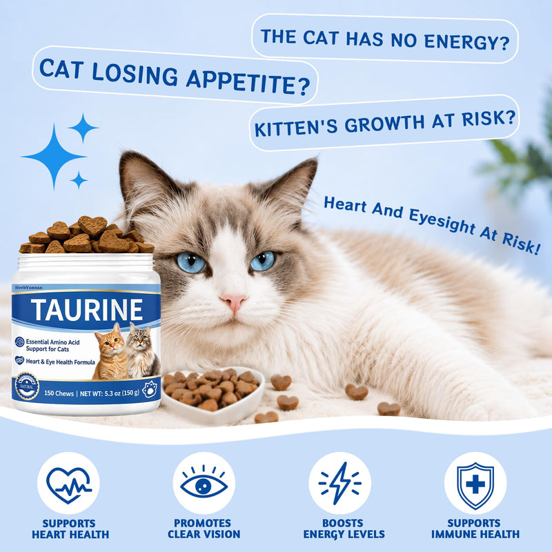 Taurine for Cats Supplement, Pure Cat Taurine Supplement for Heart & Eye Health Support, Immune Boost & Vitality - High Potency 200mg per Tablet - 150 Soft Chewable Delicious Natural Chicken Flavor