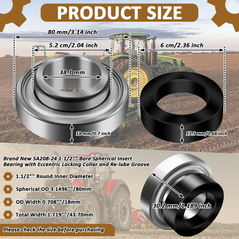 SA208-24 1-1/2" Bore Spherical Insert Bearing with Locking Collar for Agriculture Machines Replaces RA108PPB JD9202 212-001 FH208-24