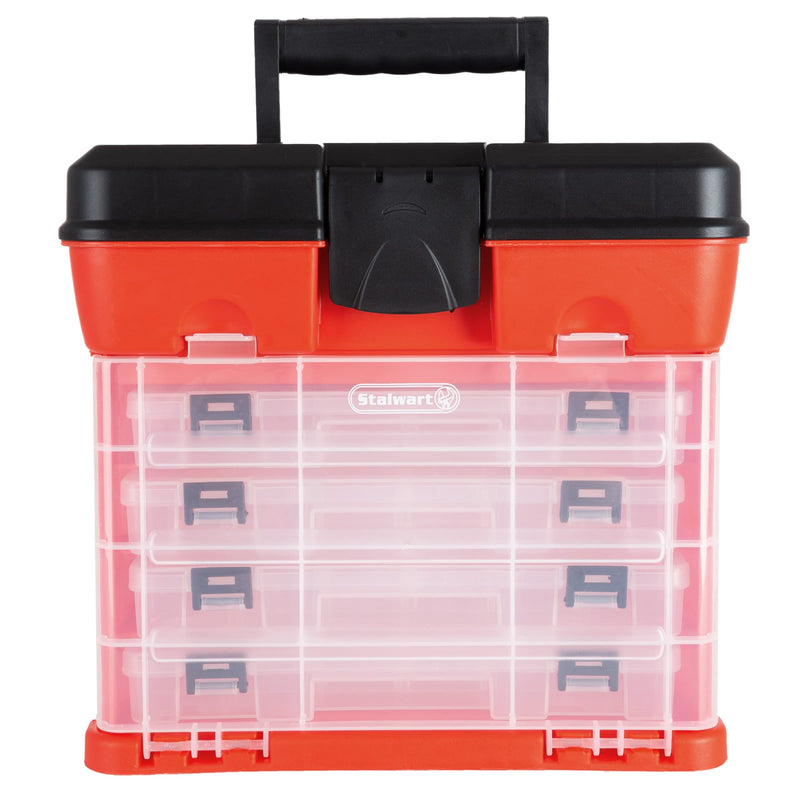 Storage Tool Box - Portable Multipurpose Organizer With Main Top Compartment and 4 Removable Multi-Compartment Trays by Stalwart,Red,11 in x 7 in x 10 in Red