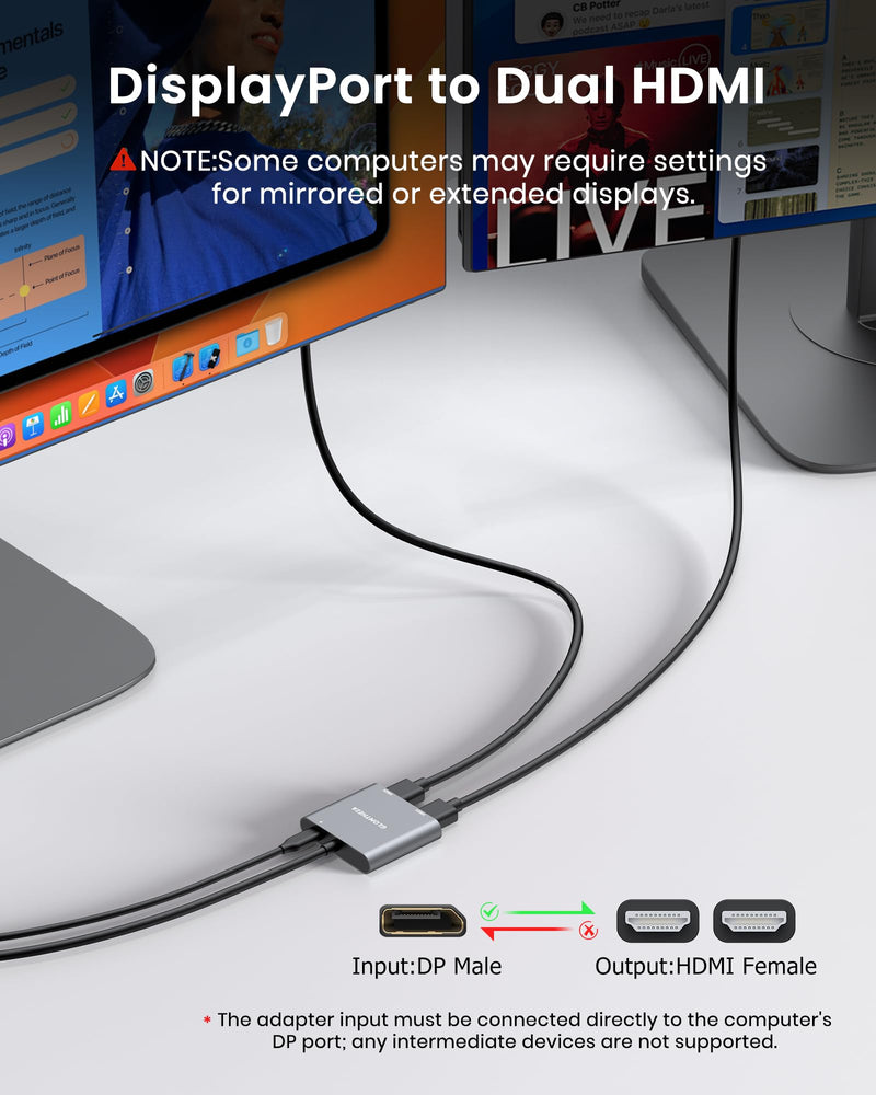 4K 60Hz DisplayPort to Dual HDMI Adapter, MST Splitter for Dual Monitor Extender, Supports Extended & Mirror Mode, Plug and Play, USB Power Cable Included