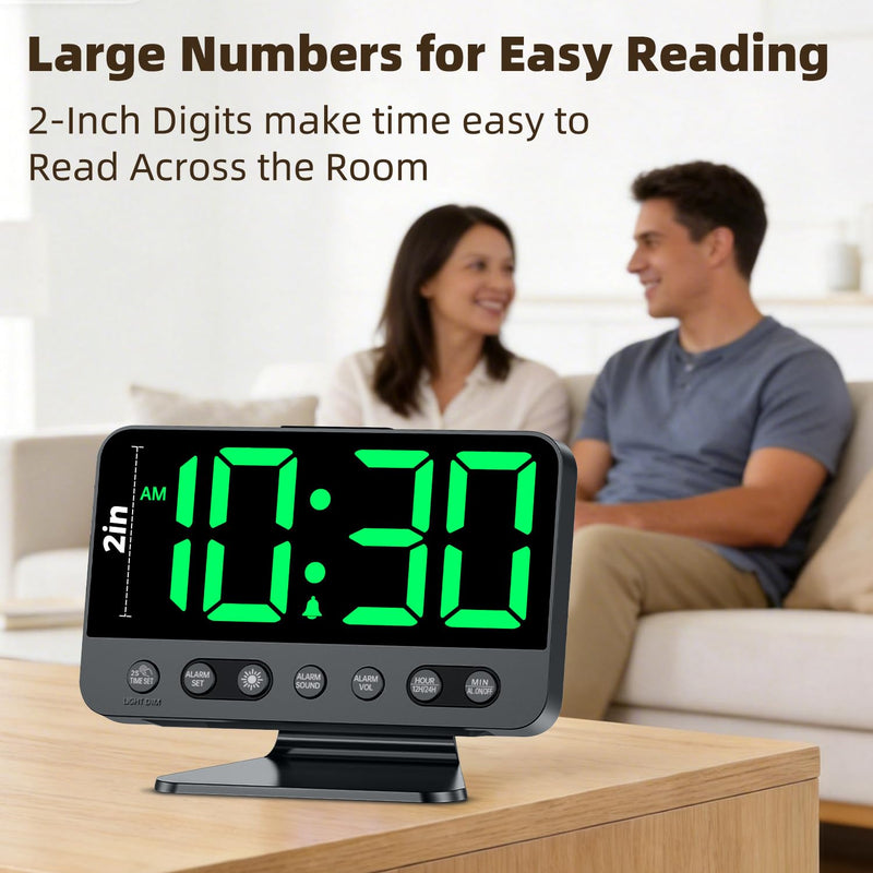 Digital Alarm Clock with Large Numbers for Bedrooms: Bold Display Readable Across The Room with 5 Level Brightness - 5 Alarm Sounds 8 Night Lights for Kids Seniors Teens - Green Black - Green Digits