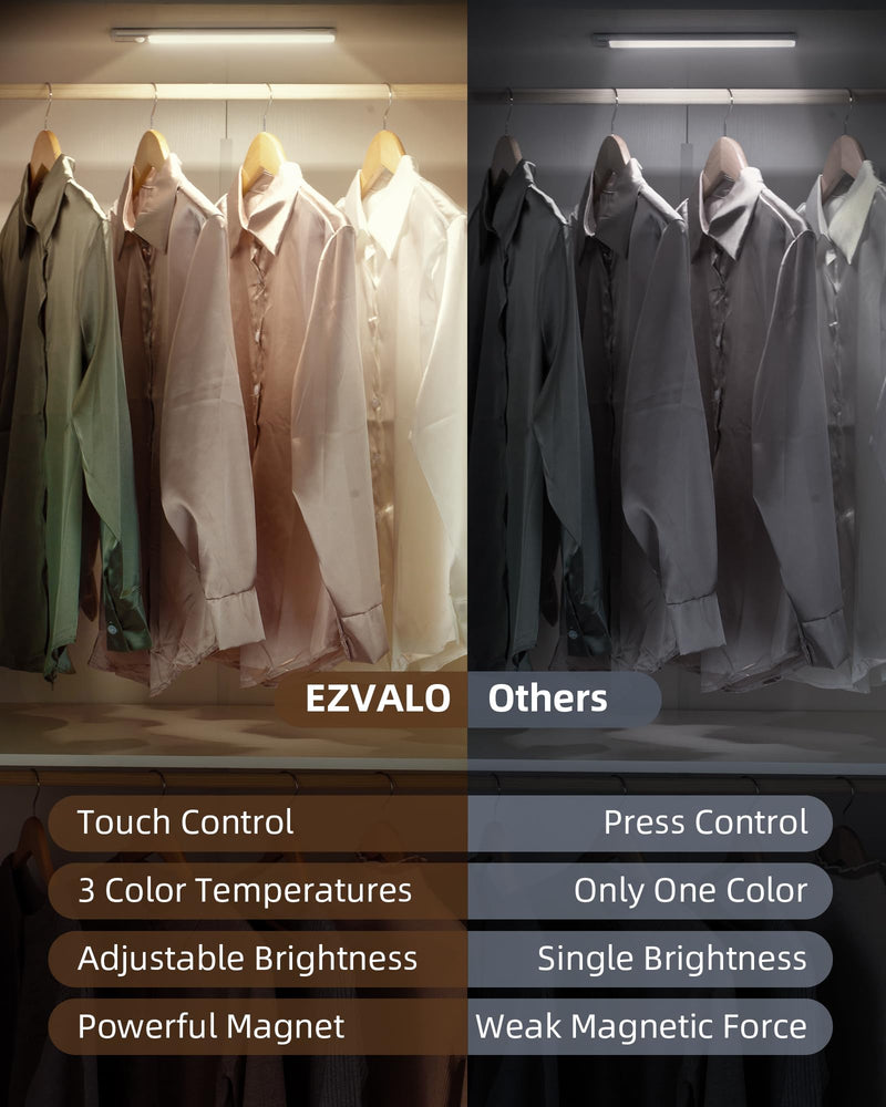 EZVALO Under Cabinet Lighting,98-LED Motion Sensor Light Indoor 3 Color Temps,1900mAh Rechargeable Closet Lights Wireless, Dimmer Battery Powered Operated Lights for Bedroom,Wardrobe,Stairs (2 Pack) Silver 11.81in-2 Pack