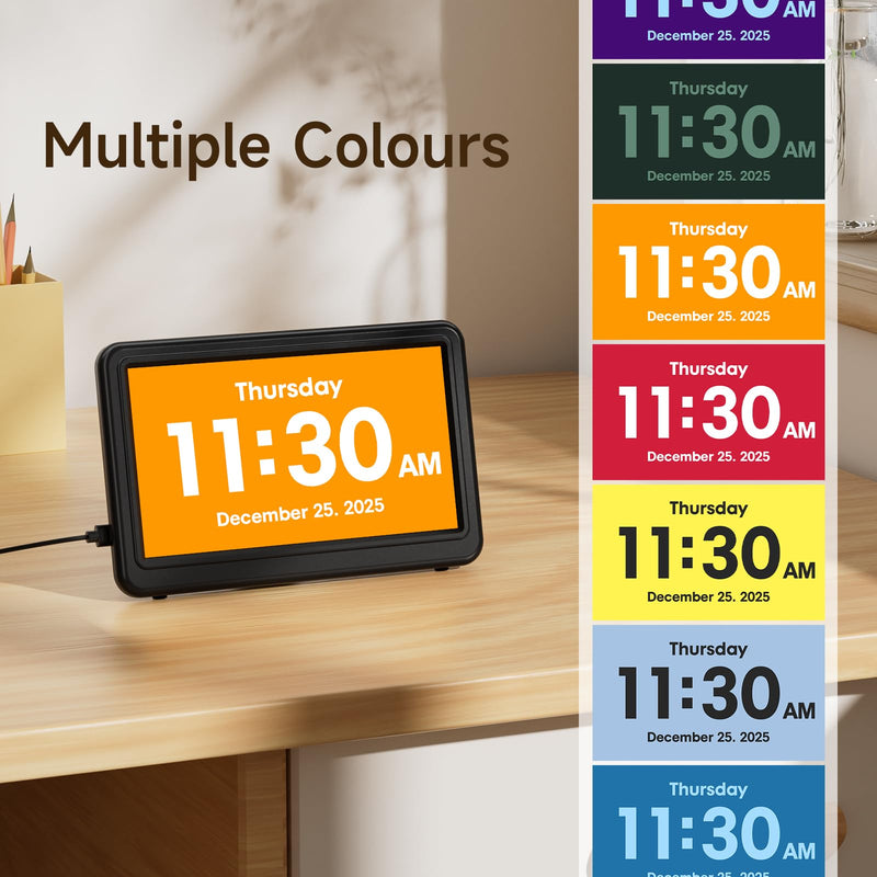 Raynic Date Clock, Digital Clock with 12 Themes, 20 Alarms, 20 Reminders, Semi-Automatic Dimming, 12/24 Hours, Auto DST Clock for Seniors Desktop, Office, Students (Black, 7 Inches) Black