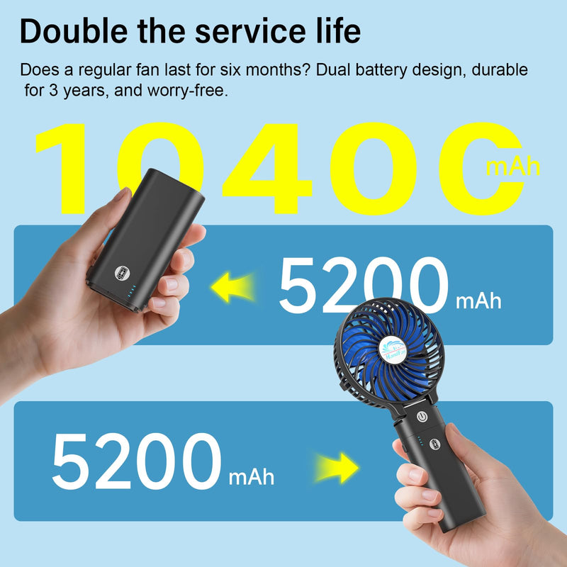 HandFan 10400mAh Powerful Handheld Fan, 40Hrs Long-Lasted Hand Fan Rechargeable, Mini Personal Fans Foldable, Heavy Duty Battery Fans Portable for Travel Beach Concerts Cruise Makeup(Blue Blade) Blue Blade