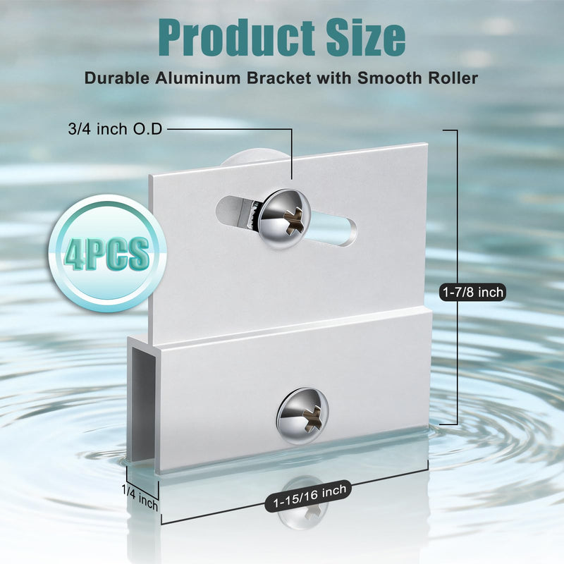 (4-Pack) M 6054 Frameless Shower Door Rollers Top Bracket Assembly - 3/4" Round Plastic Wheel with Ball Bearings, Extruded Aluminum Chrome Finish - Replacement Hardware Kits for Glass Sliding Doors