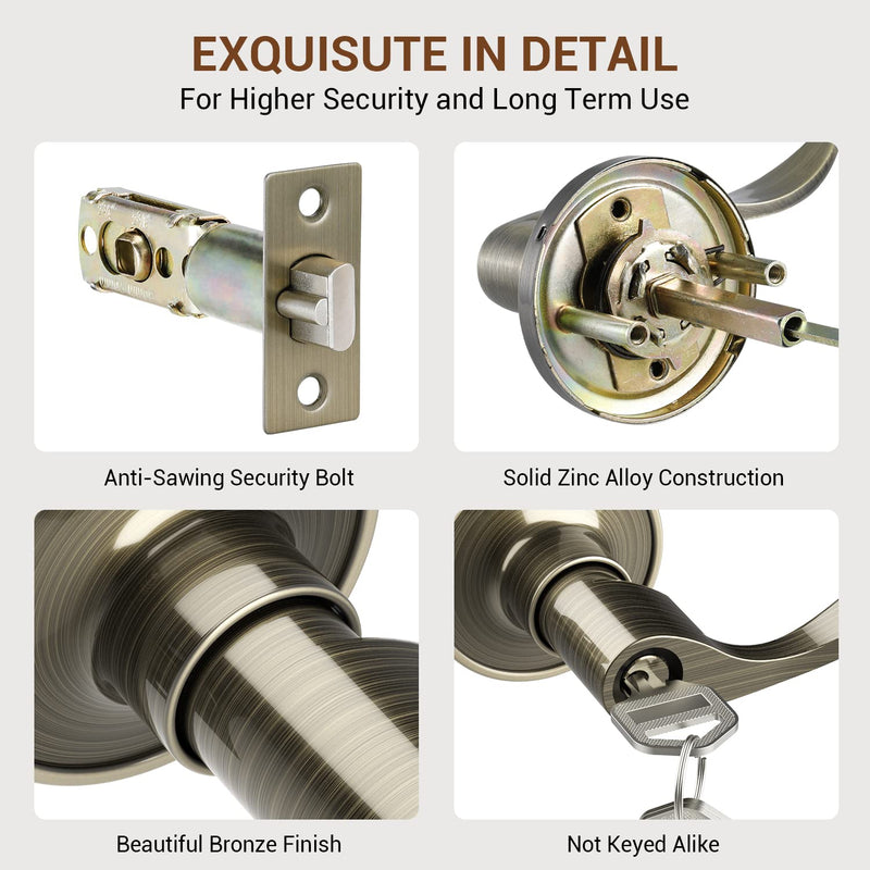 Door Handle with Lock, Ohuhu Bronze Door Knobs Interior Exterior Door Lock Lever with Key Antique Brass for Bedroom Bathroom Privacy not Keyed Alike Wave Style Entry locksets Zinc Alloy 2 Pack