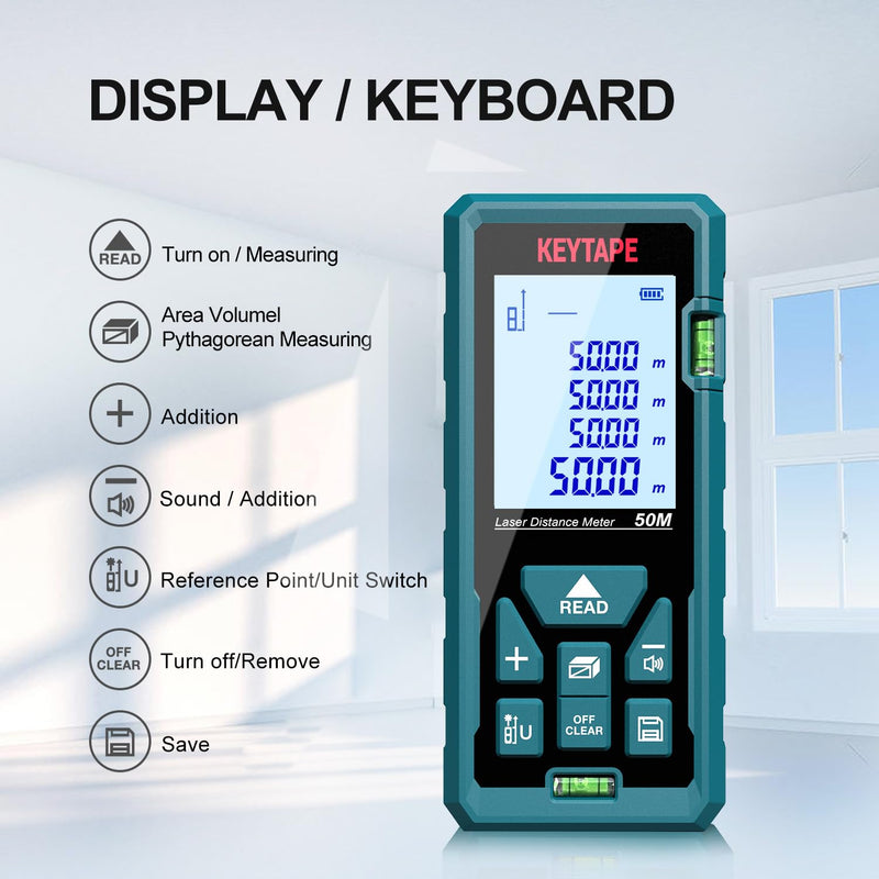 Distance Measuring Laser 165ft KEYTAPE Multifunction Measure Laser Ruler, Upgraded M/in/FT/FT+in Unit Switching Backlit LCD and Pythagorean Mode, DT50 Portable Handle Laser Distance Measurement Tool 50M/165FT