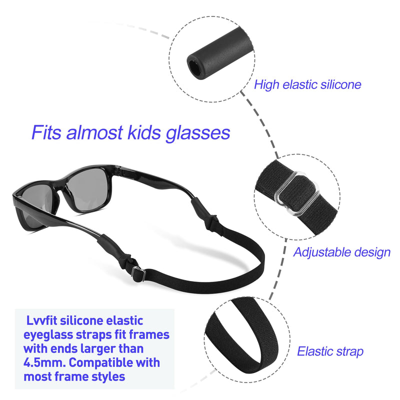 lvvfit Kids Glasses Straps(6.5-10inch)-Adjustable Glasses Strap Sports Sunglasses Eyeglasses Holder Straps for Toddler and Kids-Eyewear Retainers for boys and girls age 3-12 years (4pcs Black)