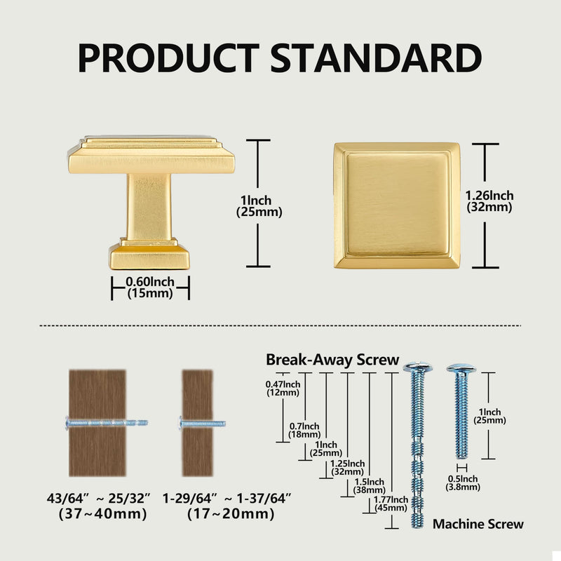 10 Pack Brushed Gold Kitchen Cabinet Knobs 1.3 inch Square Soild Cabinet Hardware Knobs for Dresser Drawers Knob 10 PACK