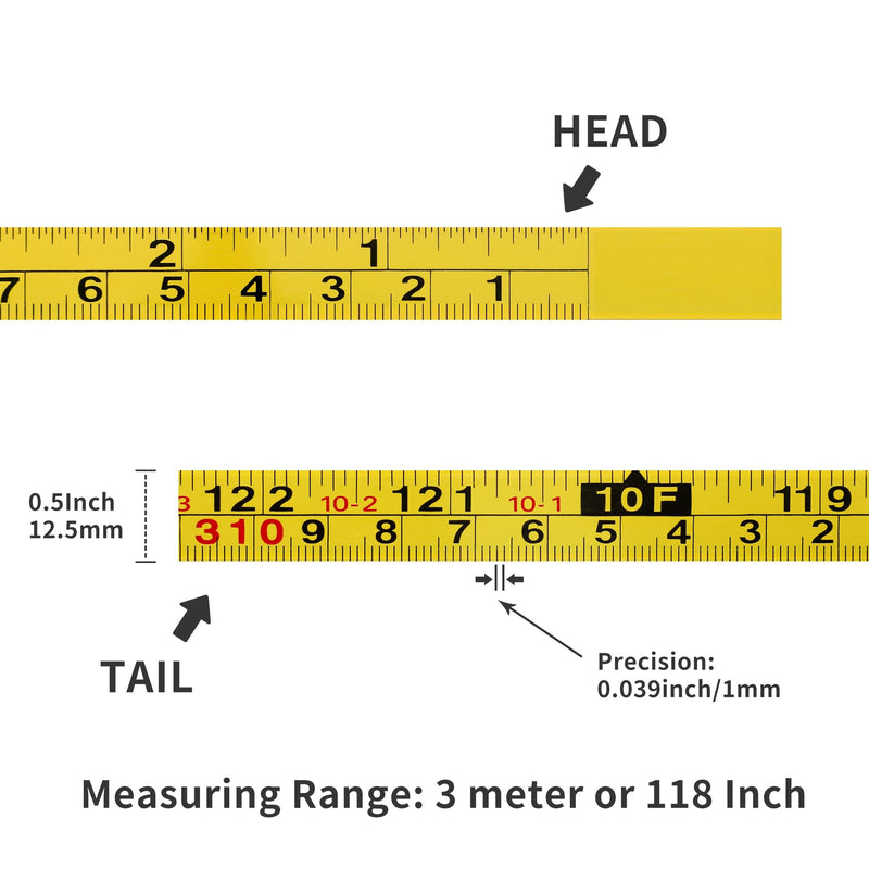 2 Packs Steel Self-Adhesive Measuring Tape, Right to Left Reading 310cm or 122-Inch Imperial and Metric Ruler Tape, 1/2-Inch Peel and Stick Tape Measure for Woodworking, Saw, Drafting Table, Yellow 310cm or 122Inch