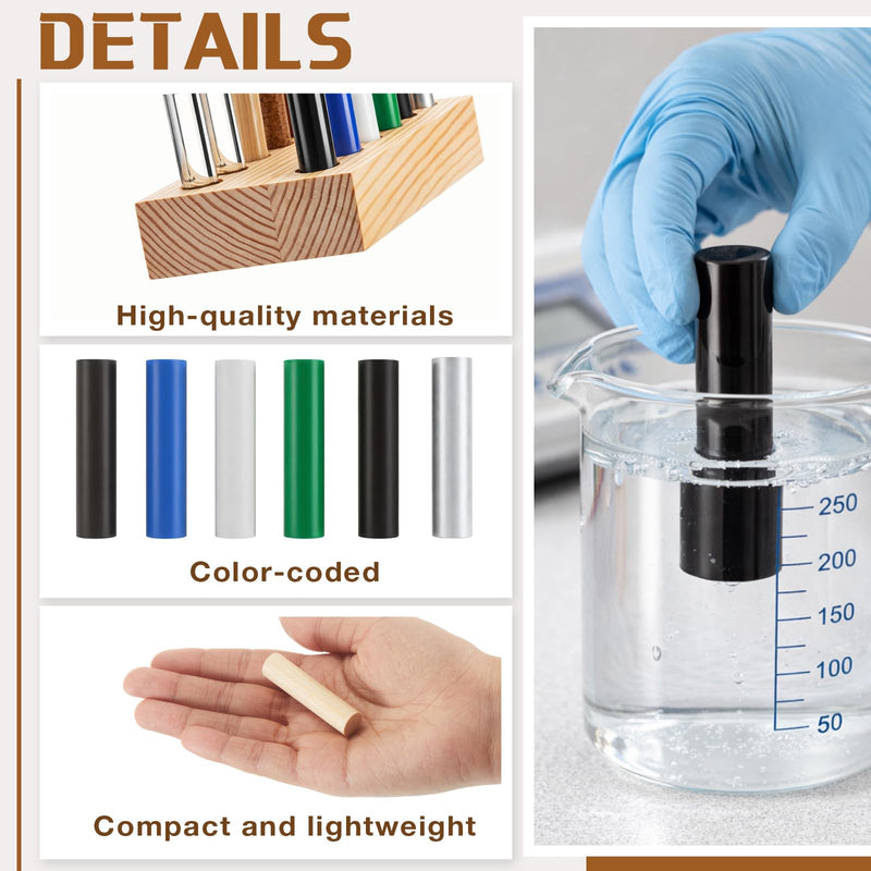Yinkin 12 Pcs Cylindrical Bars Density ID Set, Hardwood, Softwood, Aluminum, Red Copper, Brass, Rubber, Pom, Nylon, PVC, Glass, Acrylic, PTFE with Block, for Density, Electrostatic Friction Experiment