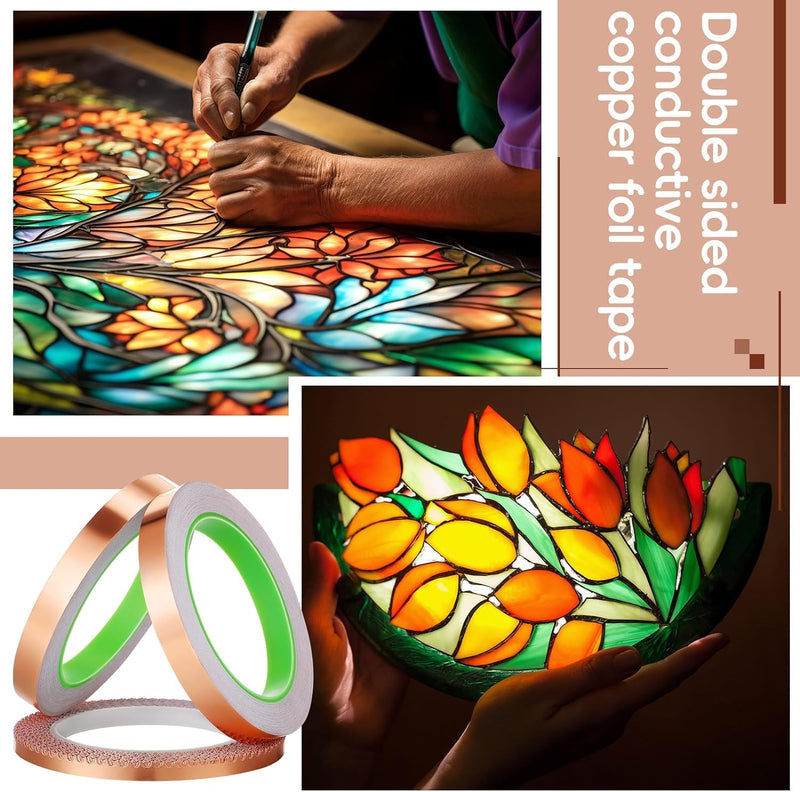 3 Pack Copper Foil Tape, 3 Size Double-Sided Conductive Copper Tape for Stained Glass, DIY Handicrafts, Crafting, Guitar